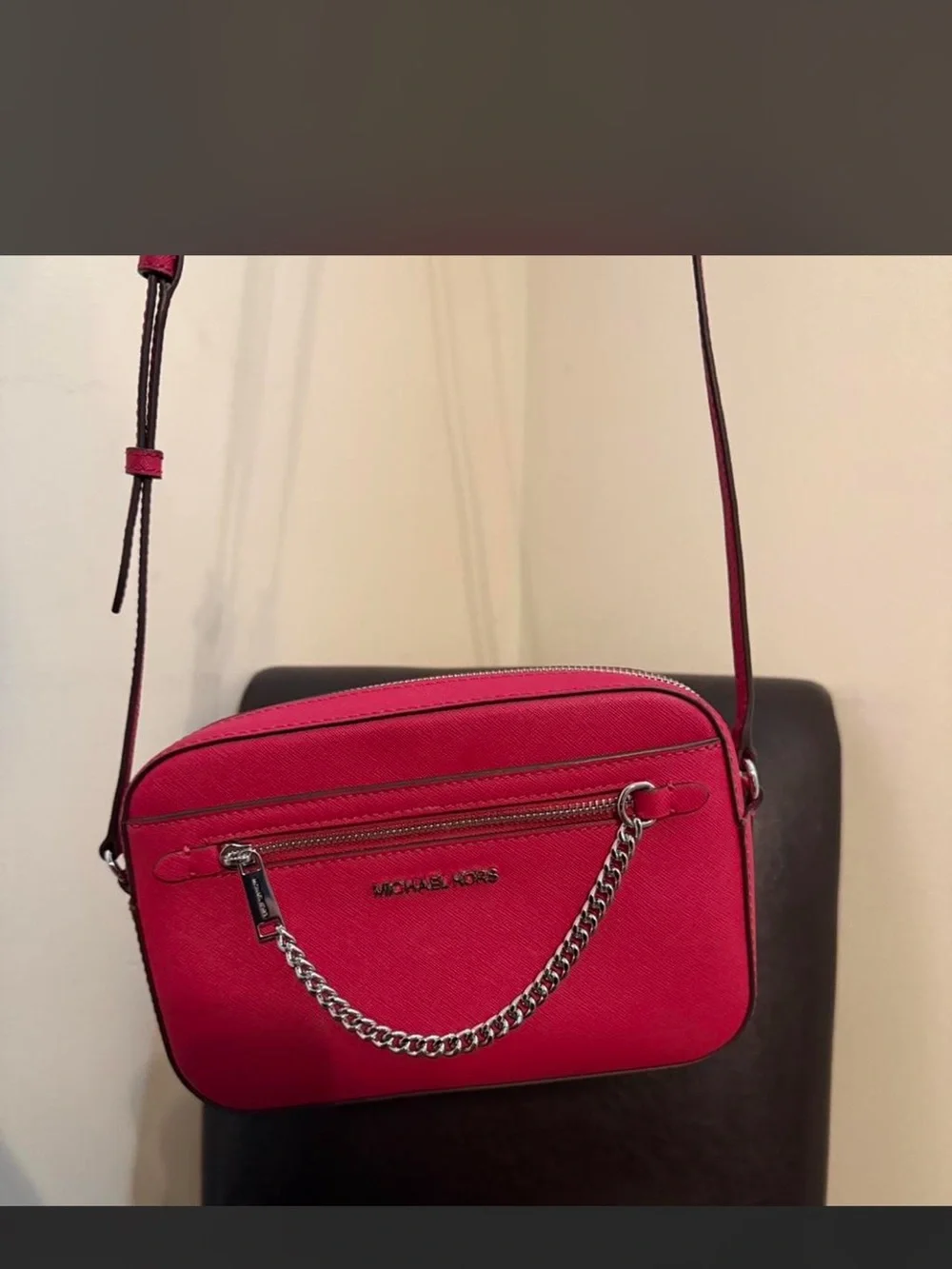 Michael Kors Hot Pink Crossbody Bag with Silver Chain Accent